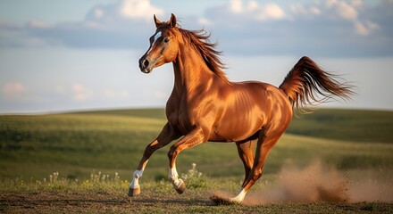 Obraz premium Majestic chestnut horse running freely across sunlit grassy field at full speed