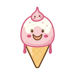 Cute pink ice cream cone character with happy kawaii face for sweet dessert shop or playful frozen treats branding