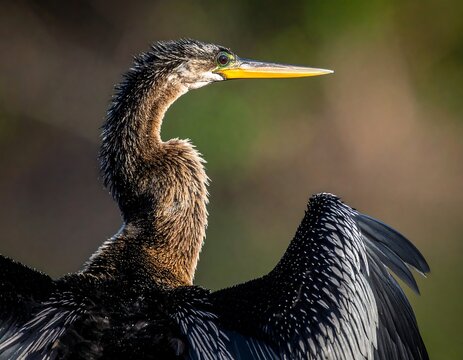 Close-up of a dark bird with a yellow beak, wings outstretched, and a blurred backdrop - Powered by Adobe