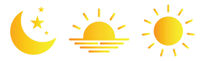 Day and night yellow vector icons set with sunrise, sun, and moon symbols representing morning, noon, and night for time, schedule, and weather design on transparent background.