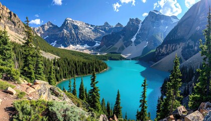 Turquoise Alpine Lake Surrounded By Jagged Mountains And Dense Pine Forest On A Clear Sunny Day