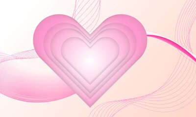 pink heart papercut style with smooth lines wave curves on soft gradient abstract background