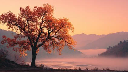 Autumnal sunrise over misty mountains