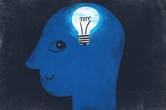 Adult Head with Shining Light Bulb. Creativity and Inspiration 