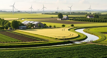 Obraz premium Wind Turbines Powering Green Energy in a Rural Dutch Landscape with Winding River and Farm Fields.