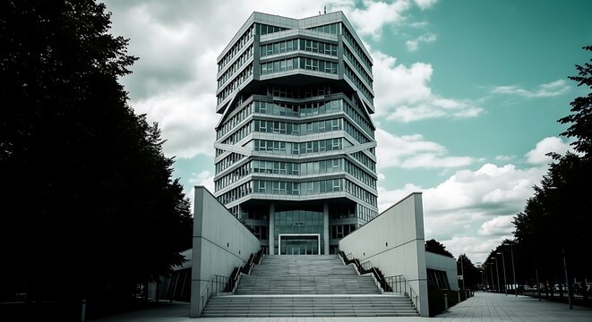 Modern Octagonal Building with Grand Staircase and Dramatic Sky.
