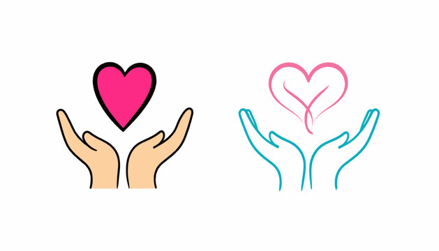 Two heart designs one a solid pink shape with hands, other a line art heart with hands