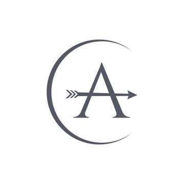 A minimalist logo featuring a dark grey letter A with an arrow passing through it, all enclosed within an incomplete circular arc on a white background.