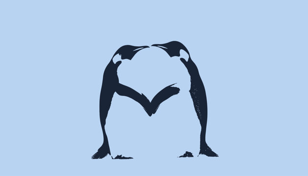 Two stylized dark shapes, resembling penguins, form an 'M' shape on a light blue background