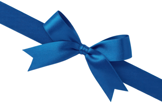 Blue gift bow and ribbon tied. Isolated on transparent background