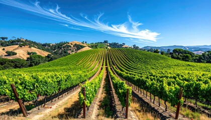 Obraz premium Rolling Vineyards Under a Bright Blue Sky With Wispy Clouds on a Sunny Day