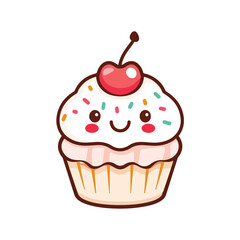 Cute kawaii cupcake with cherry on top and happy smiling face for sweet bakery dessert shop or playful branding