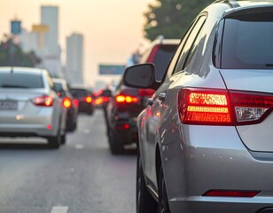 Close-up of silver car in heavy traffic, tail lights glowing