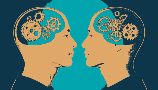 Silhouette of two heads facing each other, with brains filled with gears. Abstract concept