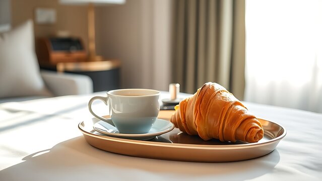 cuo. Hotel breakfast tray with croissant and coffee cup, bathed in morning sunlight. menu design, packaging mockups, designed for food delivery and cloud-kitchen brand materials.