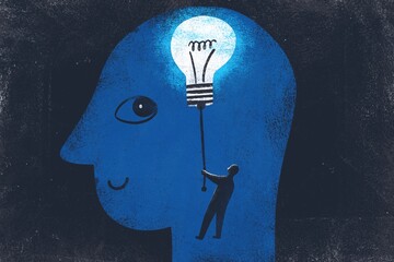 Adult Head with Inner Silhouette Turning On Light Bulb