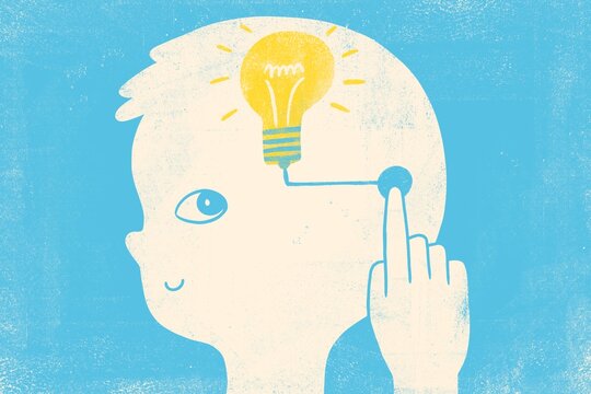 Child&rsquo;s Head with Adult Hand Turning On Light Bulb 