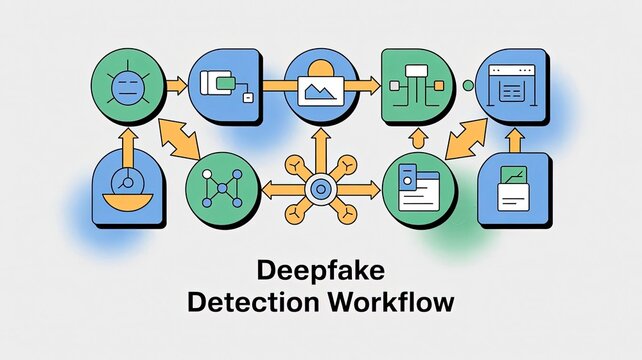 Deepfake Detection Workflow with Visual Elements and Diagrammatic Flow