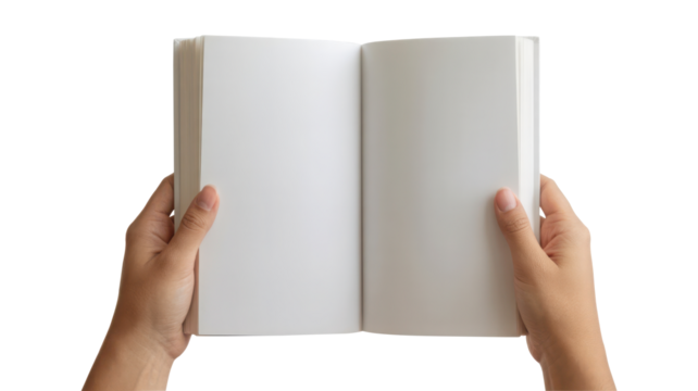 Hands holding open a blank book with white pages mockup. Isolated on transparent background - Powered by Adobe