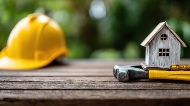 Model House and Tools on Wooden Table With Safety Helmet Outdoors at Construction Site Under Natural Light