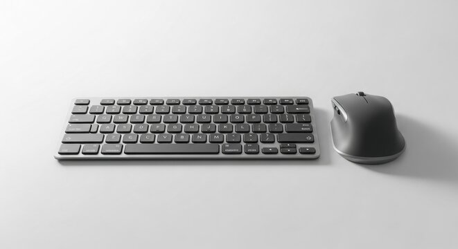 Modern wireless keyboard and mouse set on gray background, minimal design.