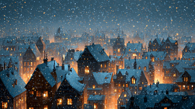 Christmas city rooftops with soft glowing snow  - Powered by Adobe