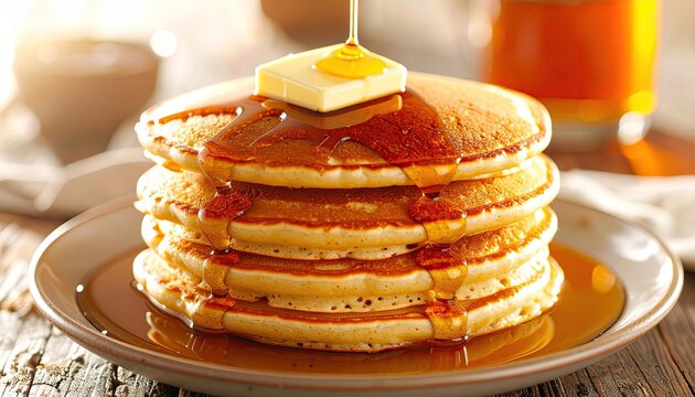 Stack of golden brown pancakes with melting butter and dripping maple syrup on a rustic plate with warm sunlight illuminating the breakfast scene