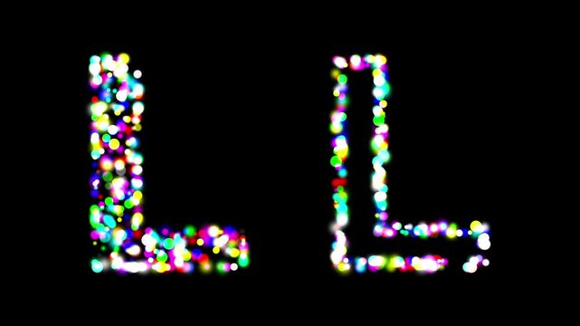English alphabet L with colorful bokeh lights effect on plain black background