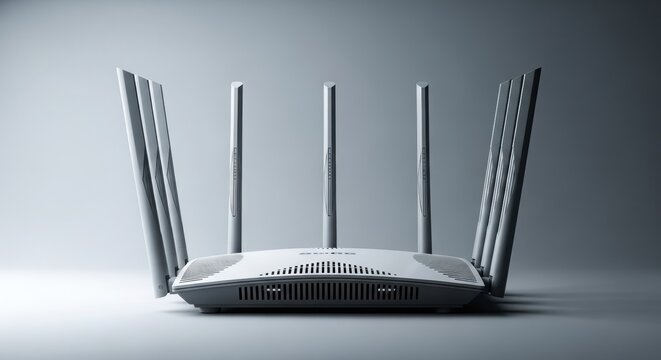 High-speed Wi-Fi router with six antennas on grey background, modern internet technology device.