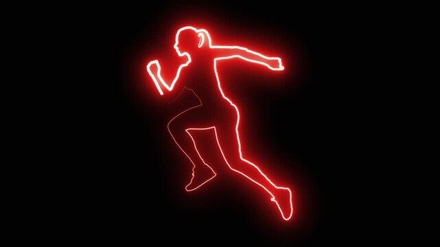 Running woman pose with glowing red neon light path effect on plain black background