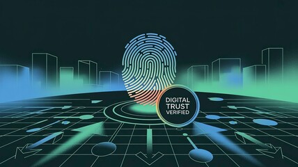 Abstract Digital Trust Concept with Fingerprint and Urban Background