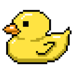 Pixel rubber duck vector. Ideal for toy, bath time, and childhood fun themes. This 8 bit graphic is perfect for retro games or app assets related to aquatic toys and play.