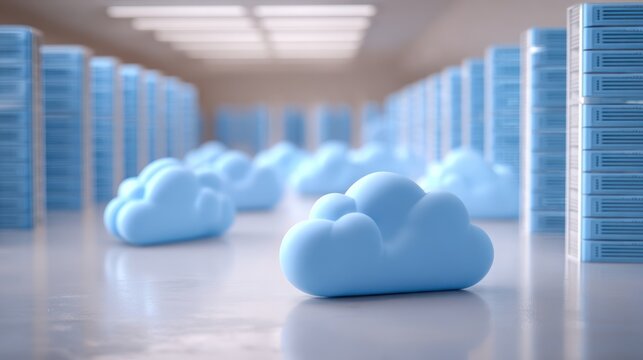 Servers in a bright room with stylized clouds, concept of cloud computing and data