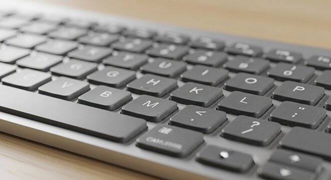 Macro shot of black computer keyboard keys on wooden desk. - Powered by Adobe