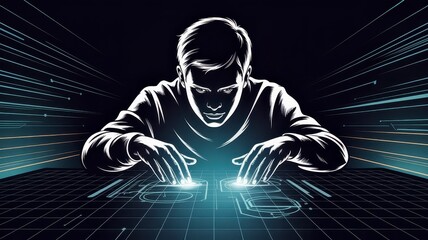 Futuristic User Interacting with Digital Interface in Dark Environment