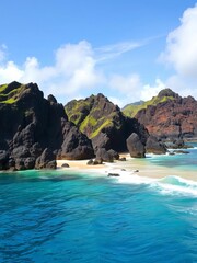 Dramatic volcanic rock formations jutting out from a pristine Hawaiian beach and ocean,  vacation,  island