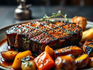 Delectable steak, perfectly seared and seasoned, served with roasted vegetables for a luxurious meal,  tasty,  filet mignon
