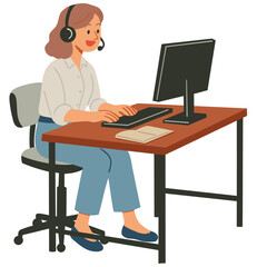 Colorful flat illustration of a friendly customer service or help desk representative (woman) wearing a headset with a microphone and typing on a computer at a desk.