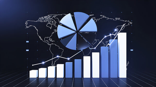 Business growth and financial data analysis with charts and global map visualization