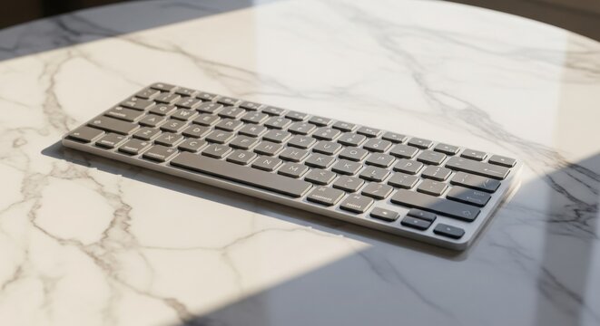 Sleek wireless keyboard on marble surface with sunlight and soft shadow. - Powered by Adobe