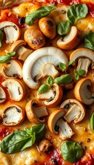 Fresh mushrooms, sliced and arranged as a topping on a pizza ,  natural,  preparation