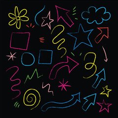 Abstract hand-drawn doodles, geometric shapes, arrows, stars, and dynamic squiggles icon vector. doodles and colorful scribbles symbol. vector illustration.