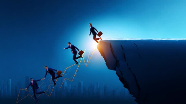 Dynamic Business Progression: Professionals in Suits Climbing Towards Success on a Steep Edge with Graphical Growth Implications Set Against a City Skyline Backdrop