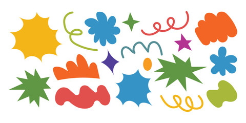 Naklejka premium Vibrant collection of colorful futuristic abstract shapes, stars, flowers and swirling lines icon vector. trendy retro Groovy in Y2K style symbol. vector illustration.