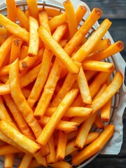 Fries basket overflowing with golden brown french fries, top-down shot,  fast food,  salty