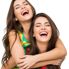 Two young women laughing heartily together isolated on transparent background