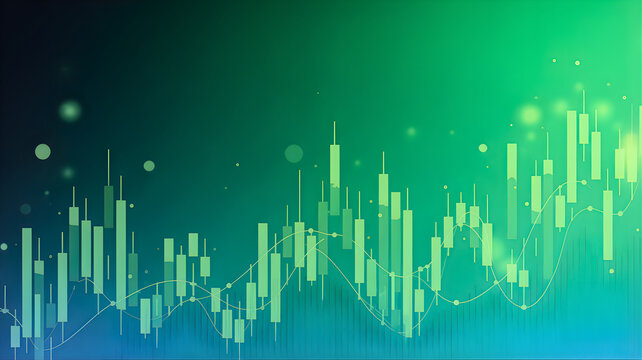 Dynamic digital financial market analysis background with glowing candlestick charts and data visualization representing investment growth, business technology, and economic trends