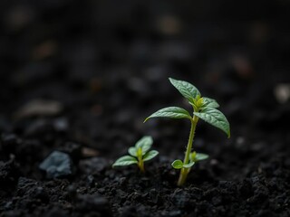 Delicate young plant pushing through dark earth, a symbol of perseverance and potential,  beginning,  potential