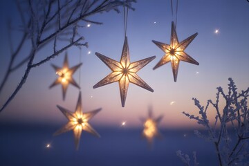 Glowing star lanterns hanging from frosted branches against a twilight sky