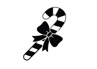 A black and white illustration of a candy cane with a bow, isolated on a